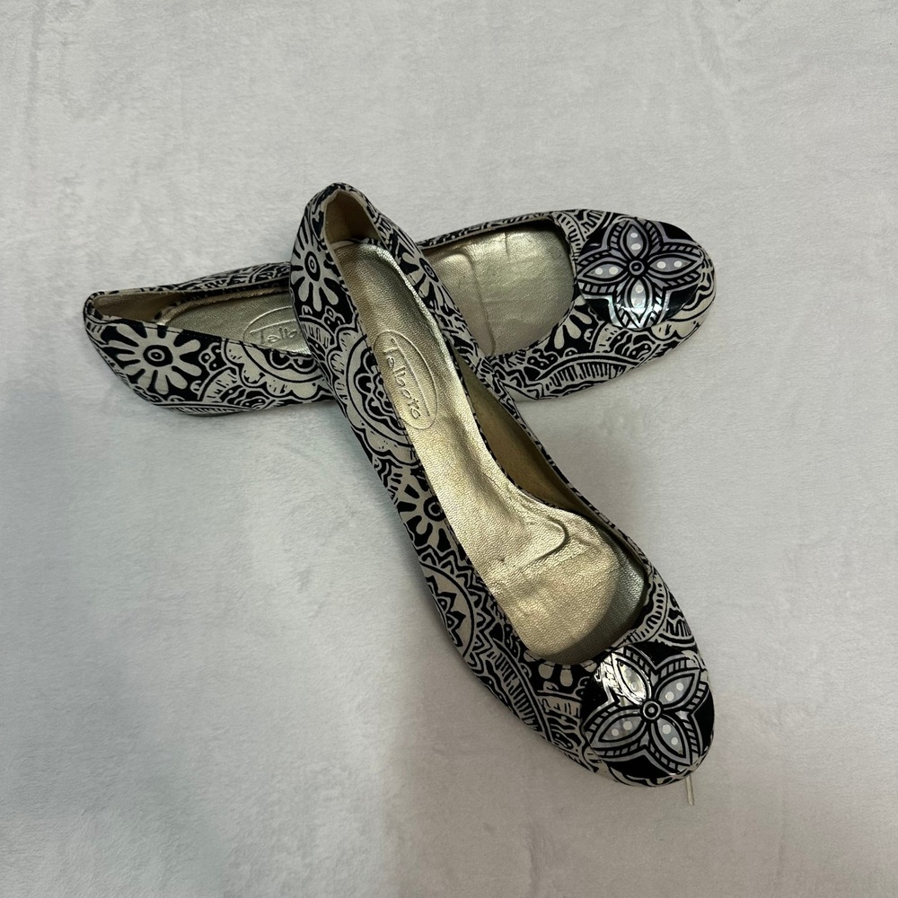 Talbots Black White‎ Floral Print Ballet Flats Leather Sole Size 7.5B Balletcore